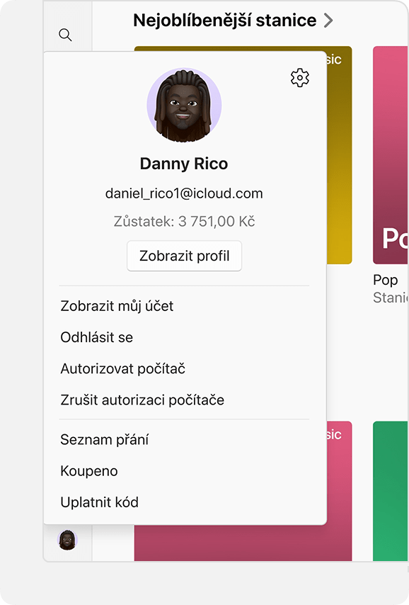 Nabídka účtu v Apple Music pro Windows se zobrazením zůstatku na účtu.
