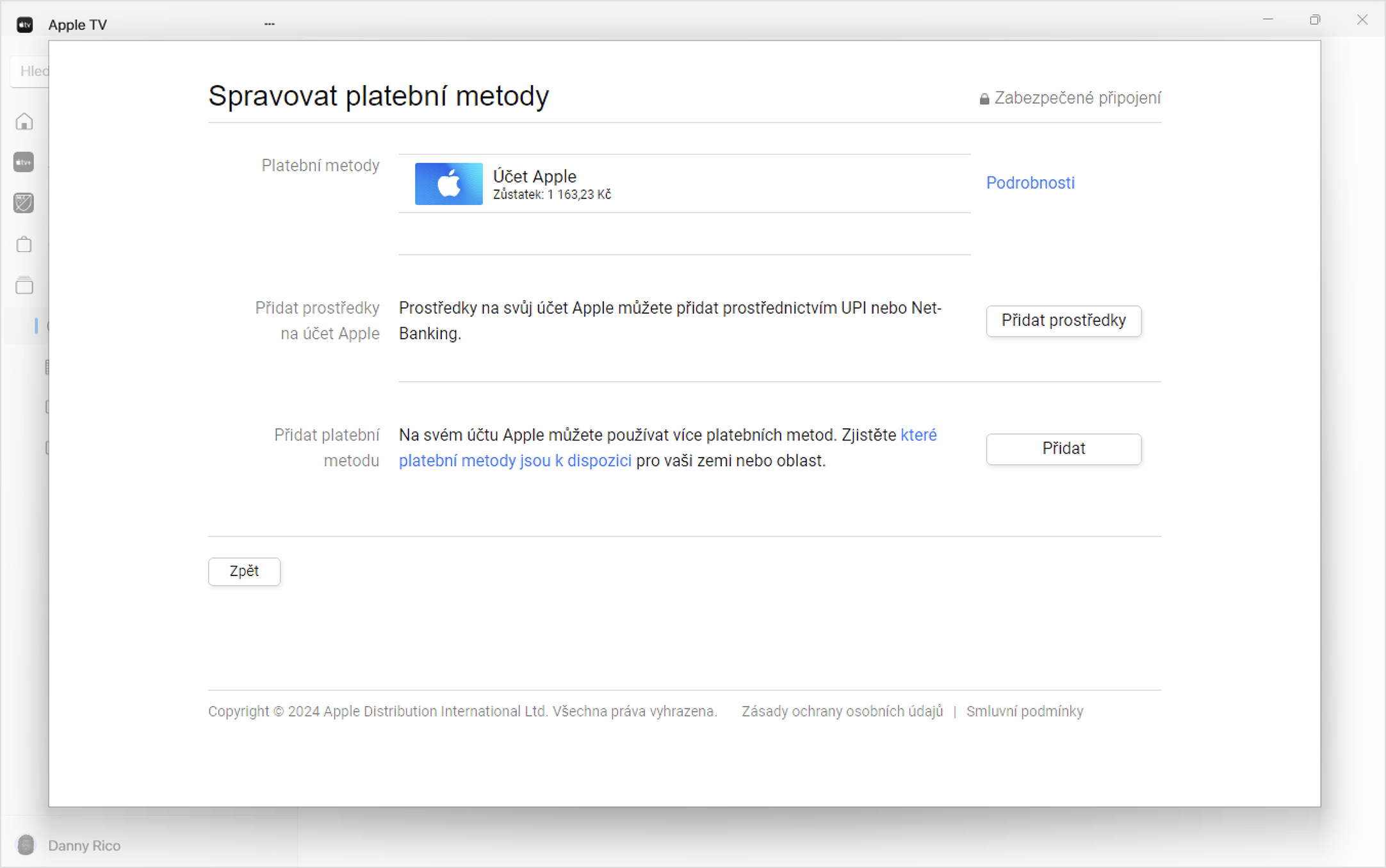 Obrazovka Windows s nastavením Spravovat platby v aplikaci Apple Music. Chcete-li přidat způsob platby, klikněte na Přidat.