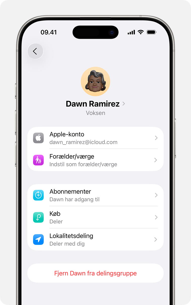 iPhone-skærm, der viser de trin, du skal udføre for at fjerne et medlem fra din familiedelingsgruppe.