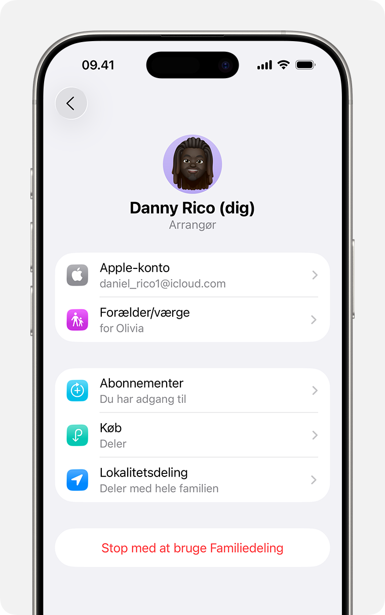 iPhone-skærm, der viser de trin, der skal udføres for at opløse en familiedelingsgruppe.