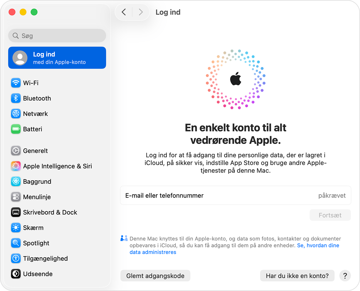 Mac-skærm med visning af knappen for Har du ikke en konto?