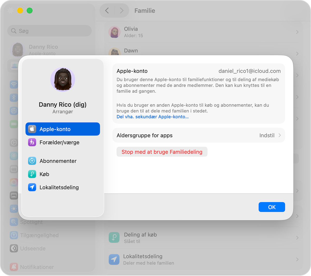 Mac-skærm, der viser de trin, du skal udføre for at opløse en familiedelingsgruppe.
