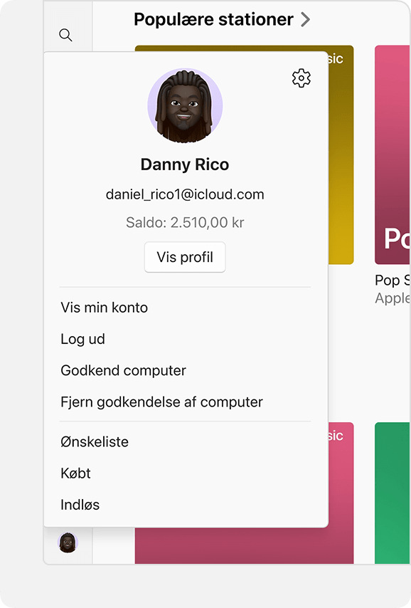 Menuen Konto i Apple Music til Windows, hvor kontosaldoen vises.
