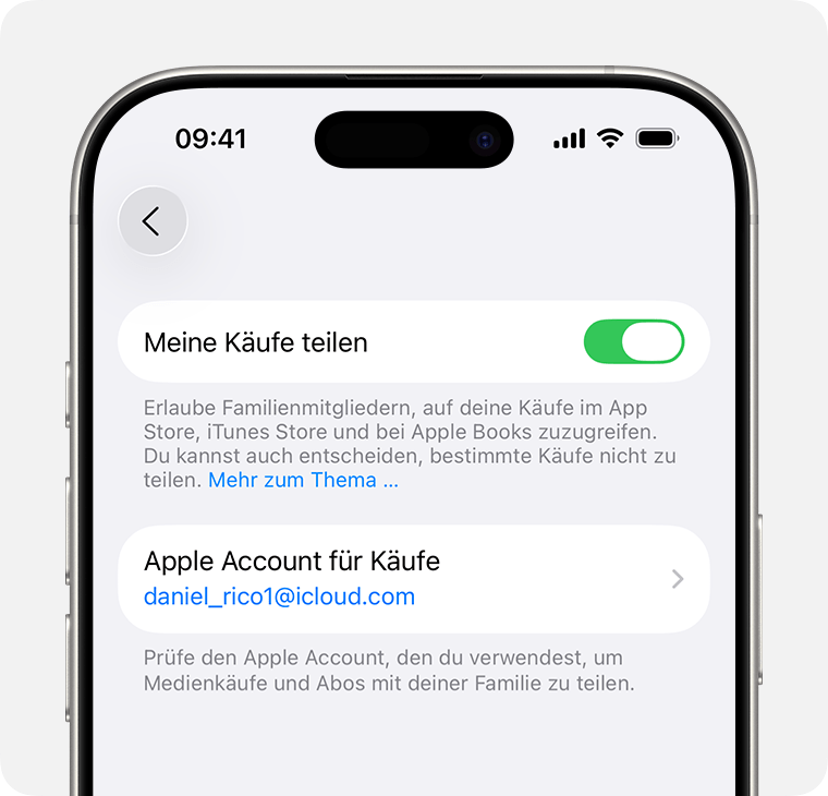 iPhone-Display, auf dem gezeigt wird, wie „Meine Einkäufe teilen“ aktiviert wird.