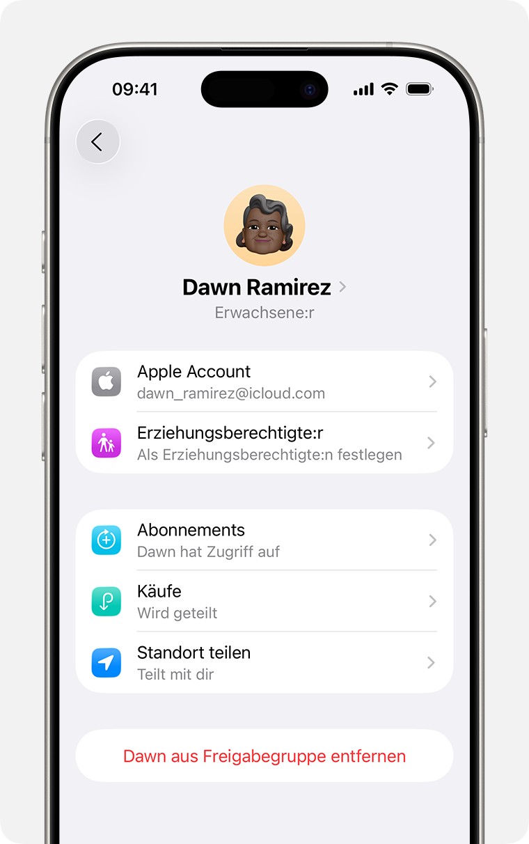 iPhone-Bildschirm mit dem Schritt zum Entfernen eines Mitglieds aus deiner Familienfreigabegruppe