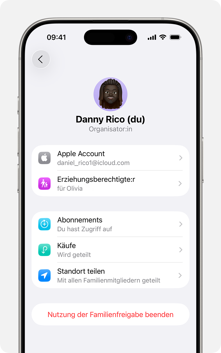 iPhone-Bildschirm mit dem Schritt zum Auflösen einer Familienfreigabegruppe