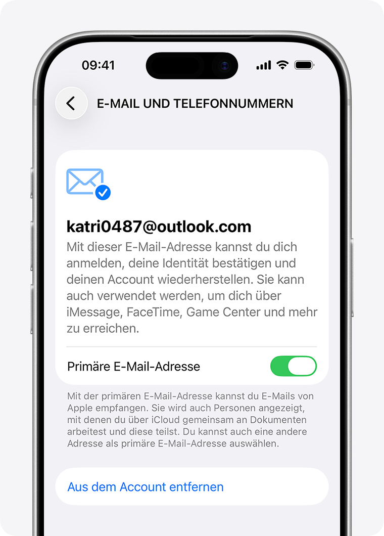 iPhone mit Apple Account-Einstellungen und Optionen zum Aktualisieren oder Entfernen einer primären E-Mail-Adresse