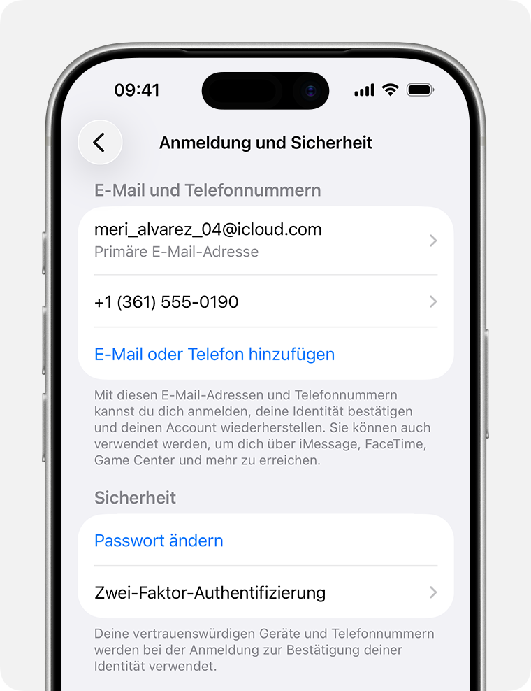 Suche in den Apple Account-Einstellungen die E-Mail-Adressen und Telefonnummern, die du für die Anmeldung bei deinem Apple Account verwenden kannst