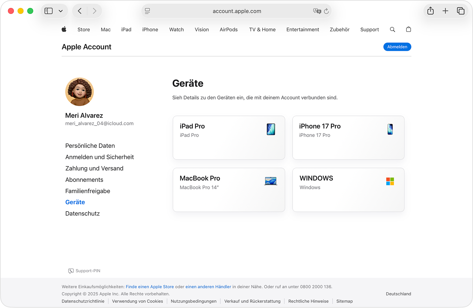 Apple Account-Website mit einer Liste von Geräten, die mit einem Account verknüpft sind