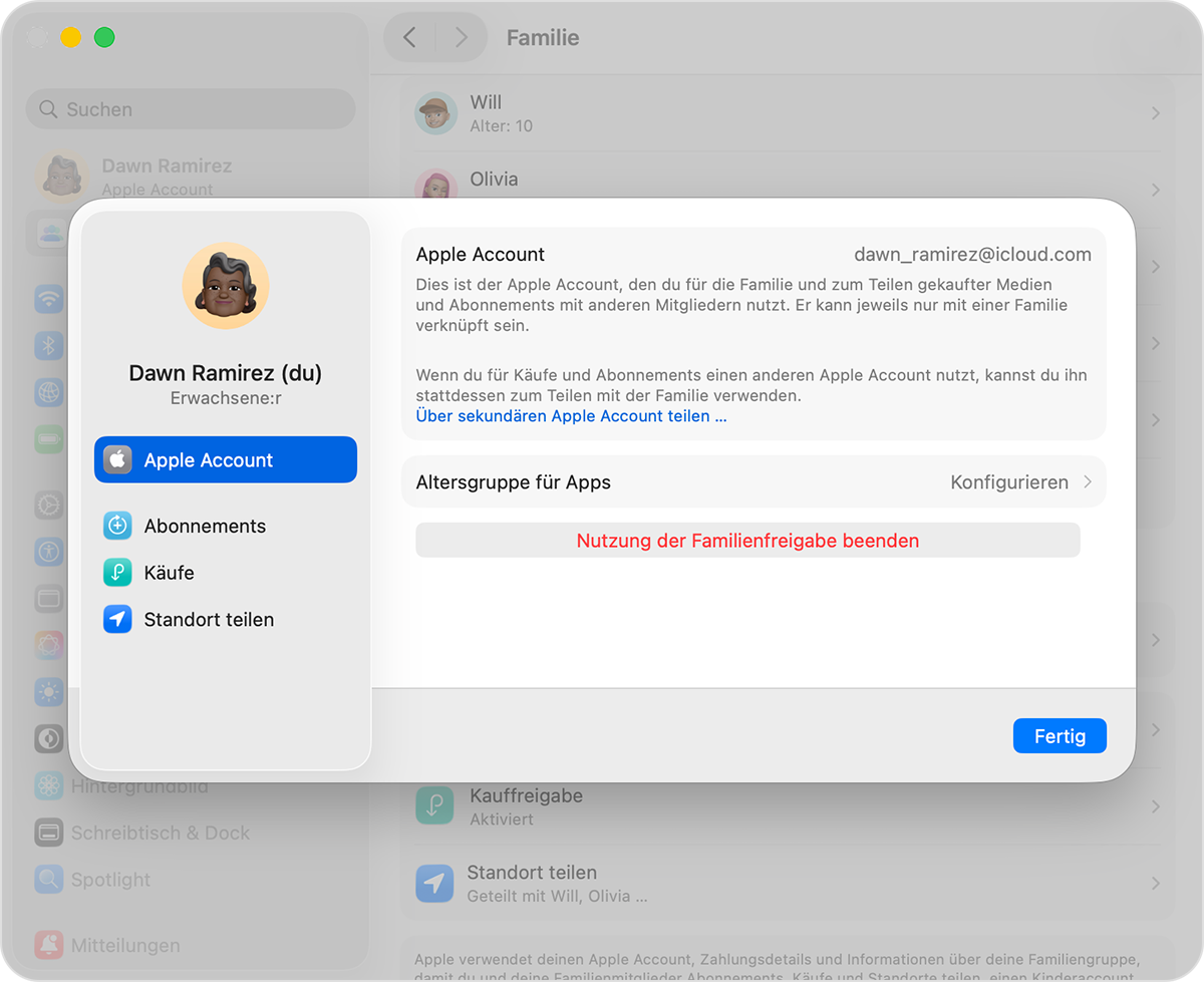 Mac-Bildschirm mit dem Schritt zum Beenden der Nutzung der Familienfreigabe