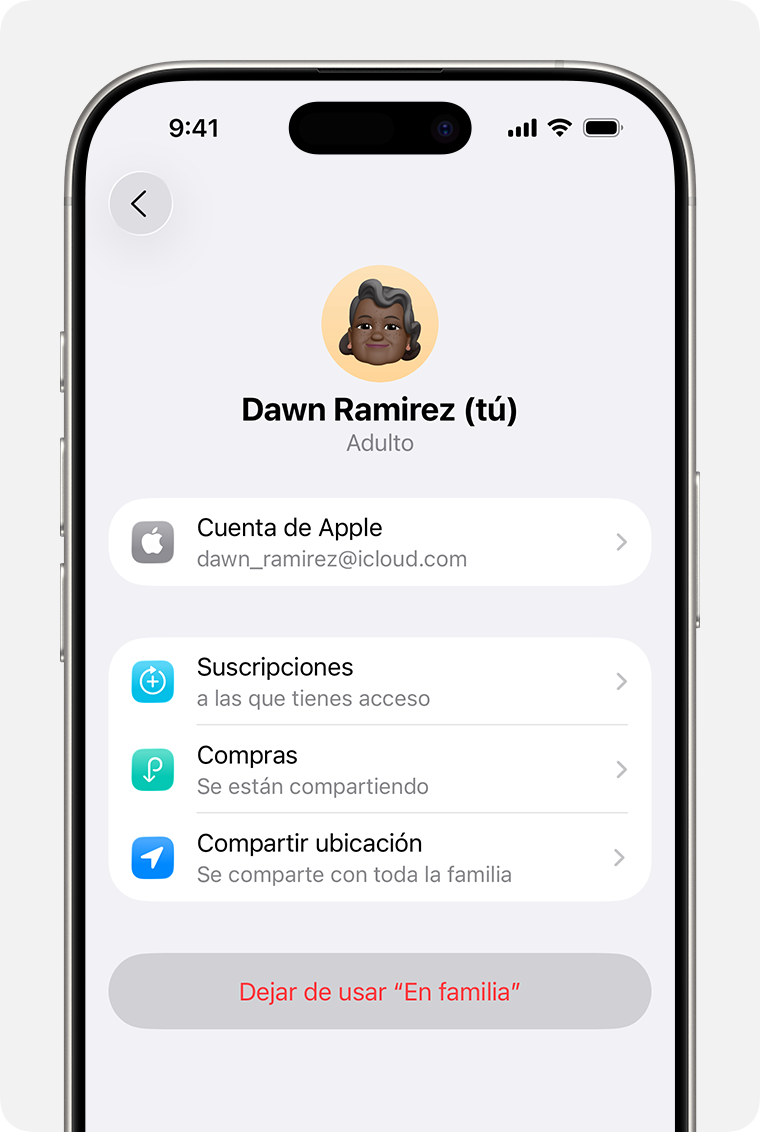 Pantalla de iPhone que muestra el paso para salir de un grupo de En Familia.