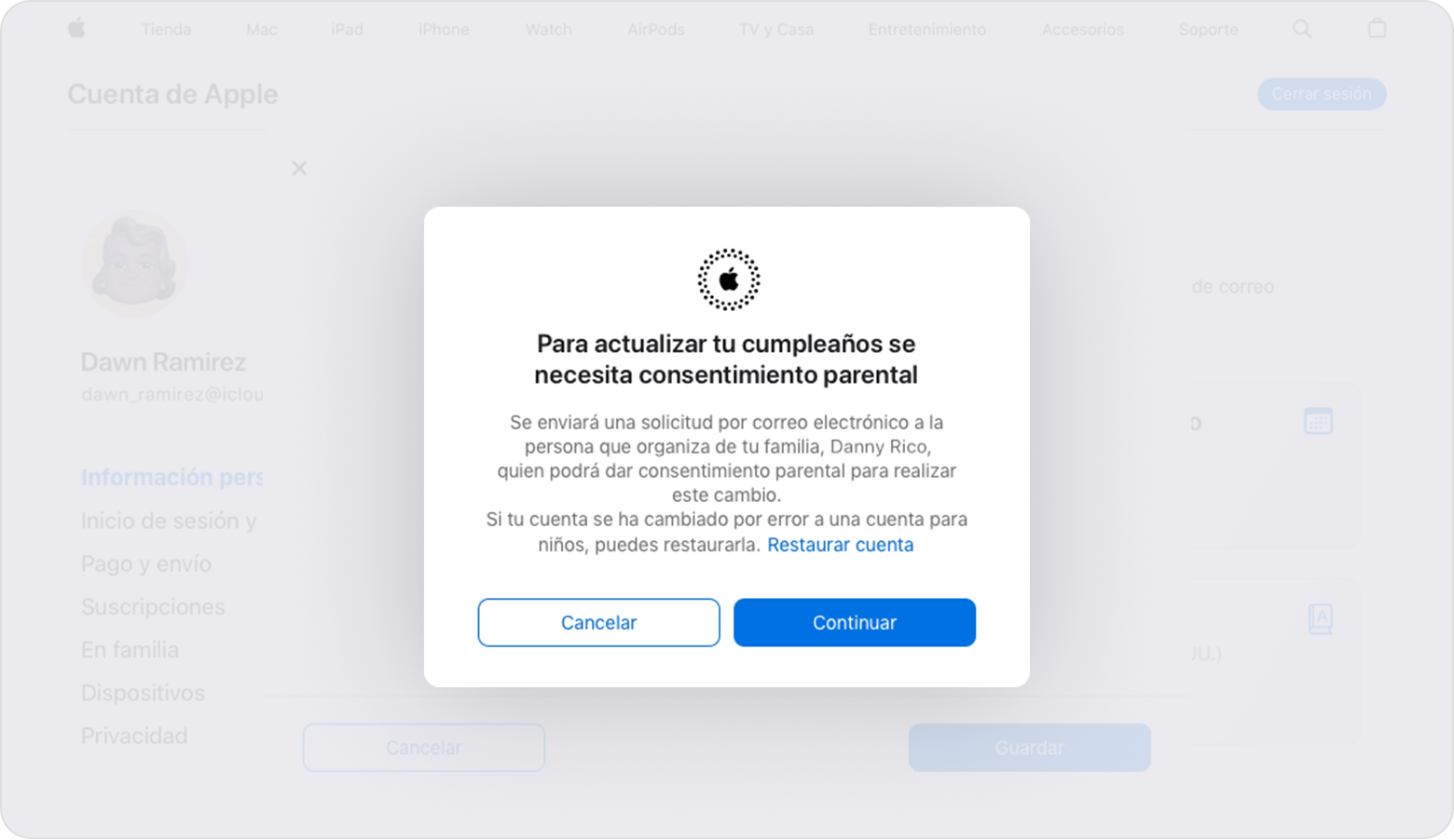 Un mensaje que muestra el enlace de texto para Restaurar cuenta en la página Cuenta de Apple.