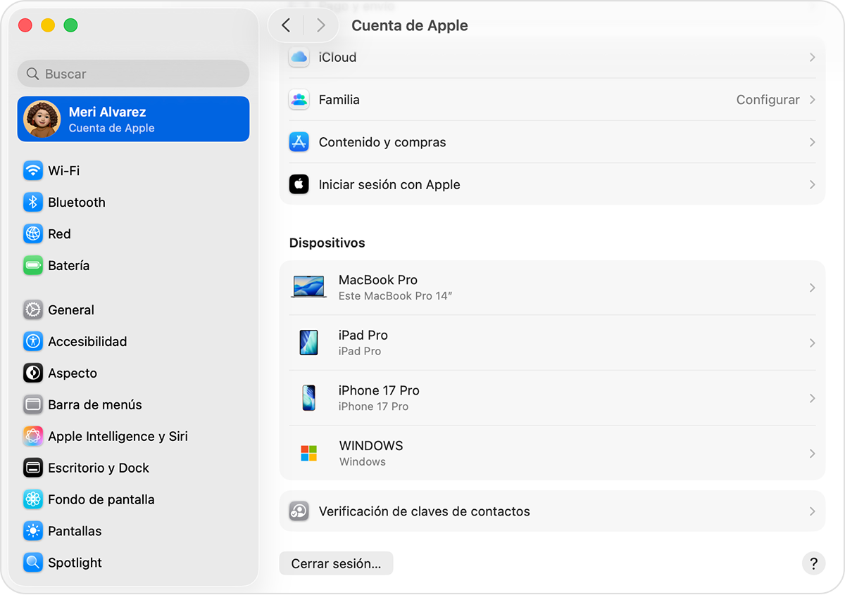 Ajustes del Sistema del Mac donde se muestra una lista de dispositivos