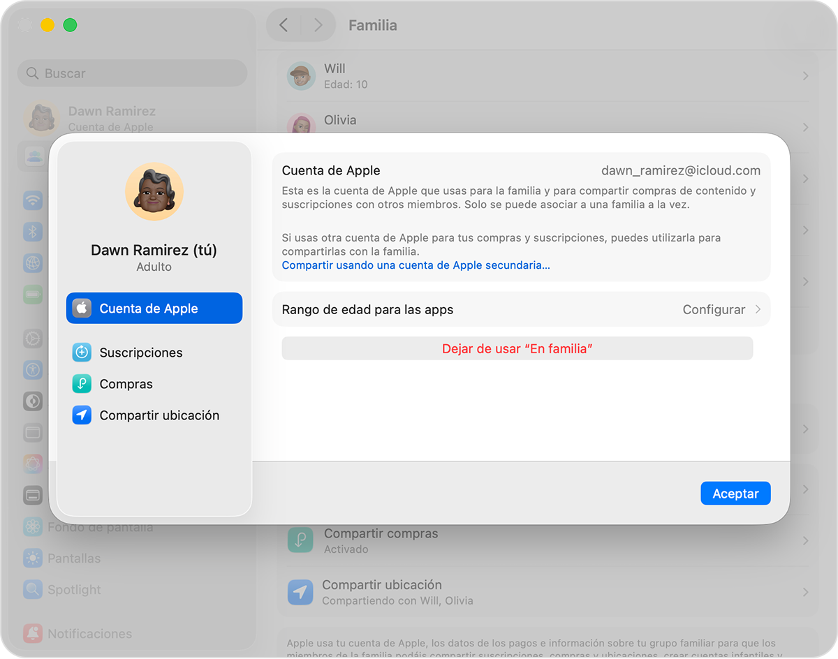 Pantalla de Mac que muestra el paso para dejar de usar En Familia.