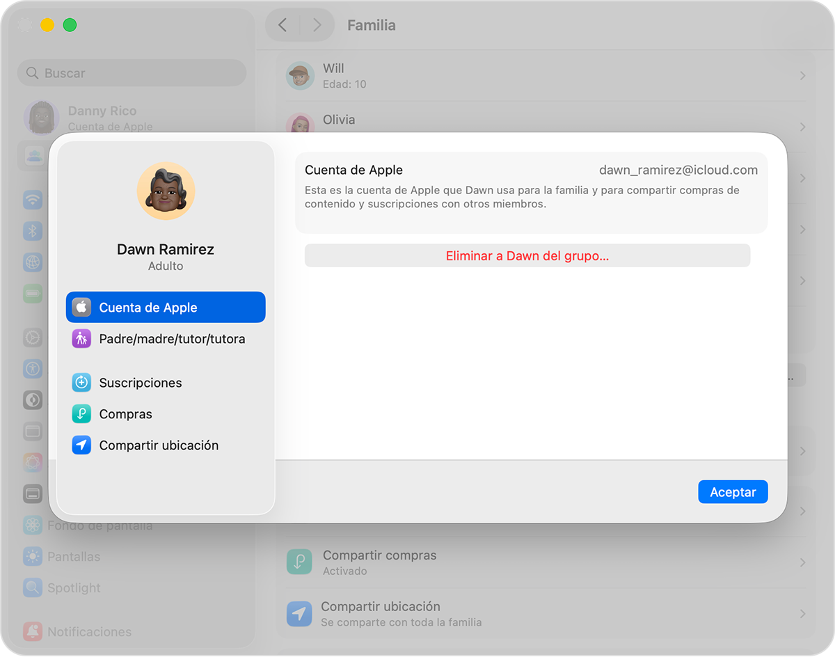 Pantalla del Mac que muestra el paso para eliminar a alguien del grupo En Familia.
