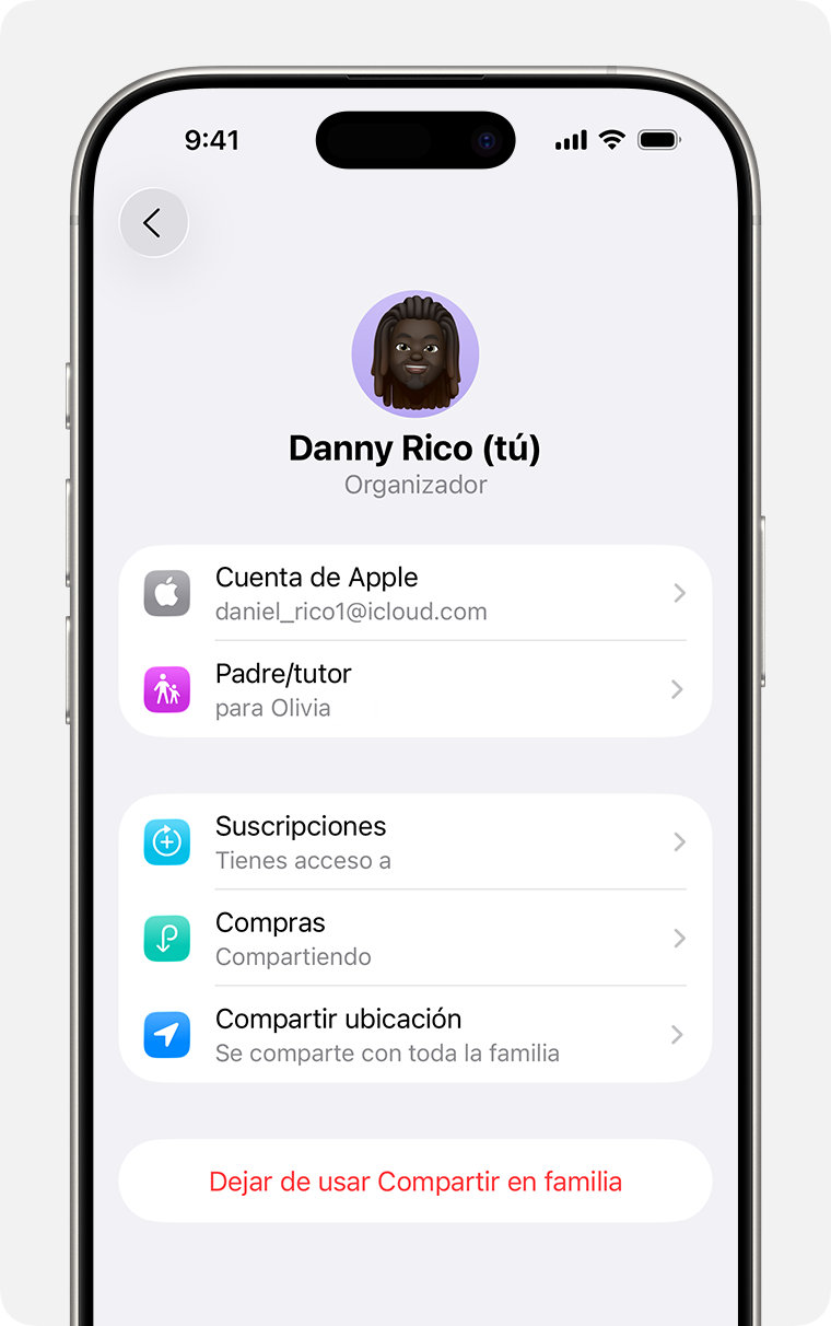 Pantalla de un iPhone en la que se muestra el paso para eliminar un grupo de Compartir en familia.