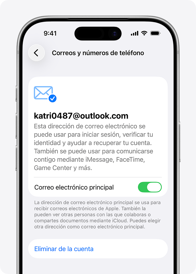 Un iPhone en el que se muestra la configuración de la cuenta de Apple y las opciones para actualizar o eliminar una dirección de correo electrónico principal
