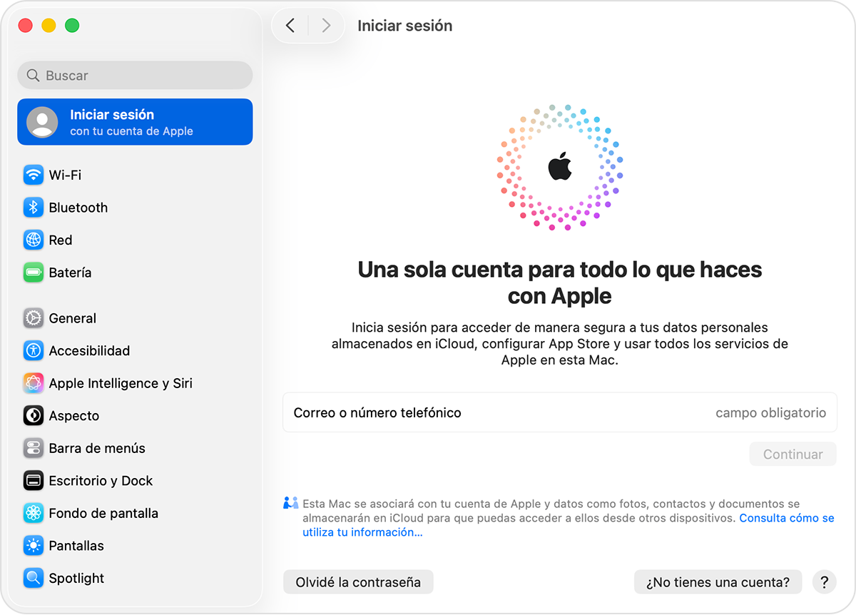 Pantalla de una Mac en la que se muestra el botón ¿No tienes una cuenta?