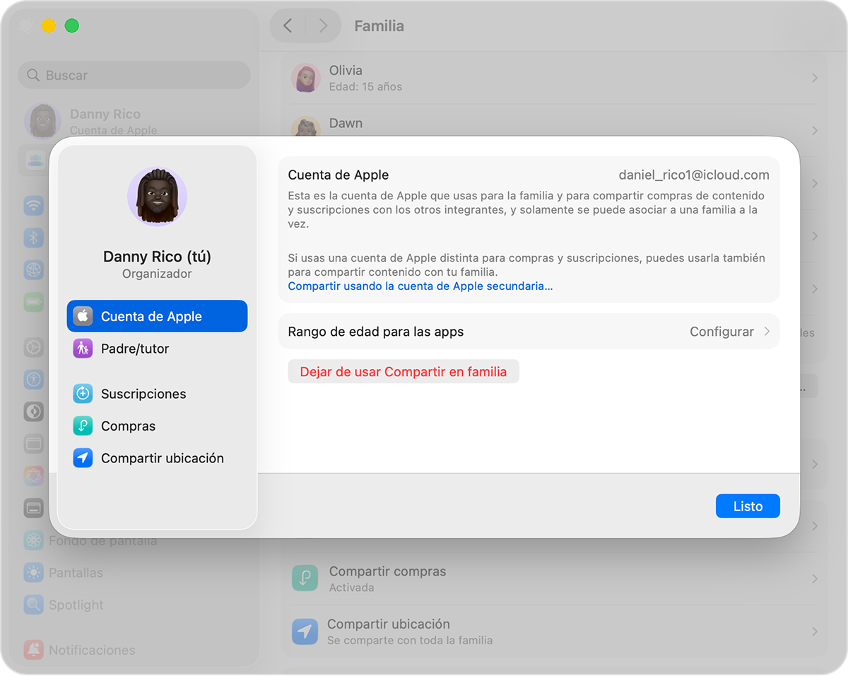 Pantalla de una Mac en la que se muestra el paso para eliminar un grupo de Compartir en familia.