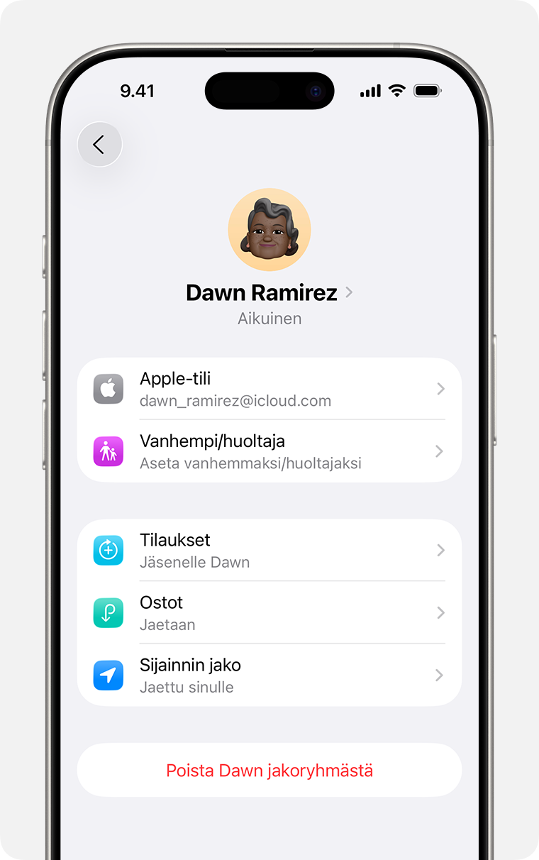 iPhonen näyttö, jossa näkyy perheenjäsenen poistaminen Perhejako-ryhmästä.