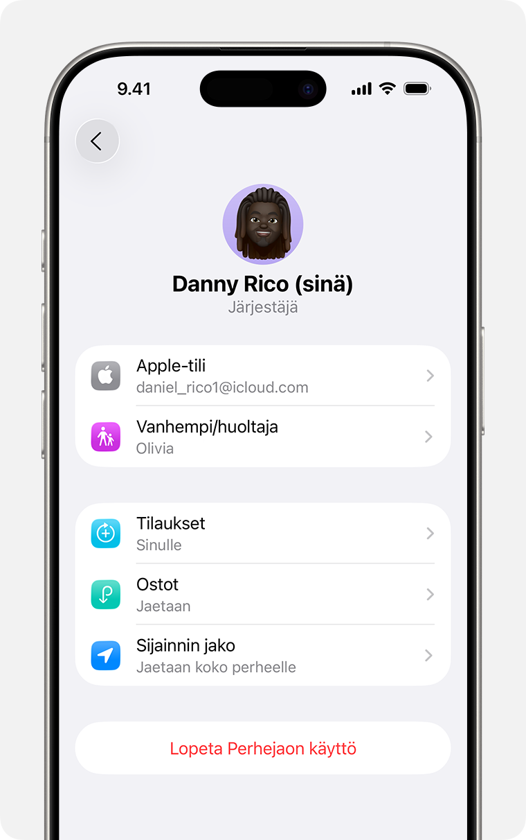 iPhonen näyttö, jossa näkyy Perhejako-ryhmän lopettamisvalinta.