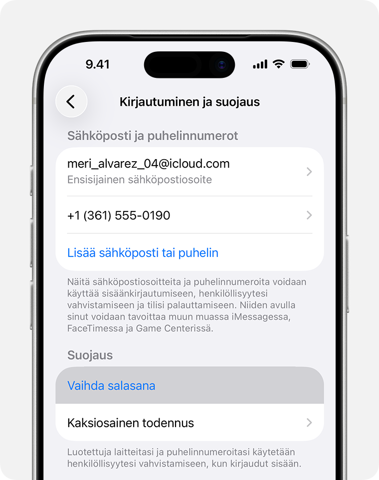 iPhone, jossa näkyy Vaihda salasana ‑painike Asetuksissa