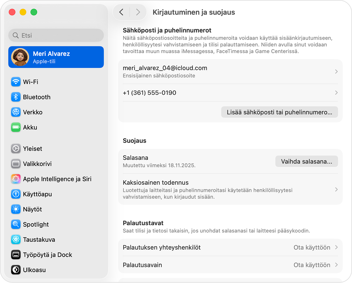 Macissa näkyvät kirjautumis- ja suojausasetukset