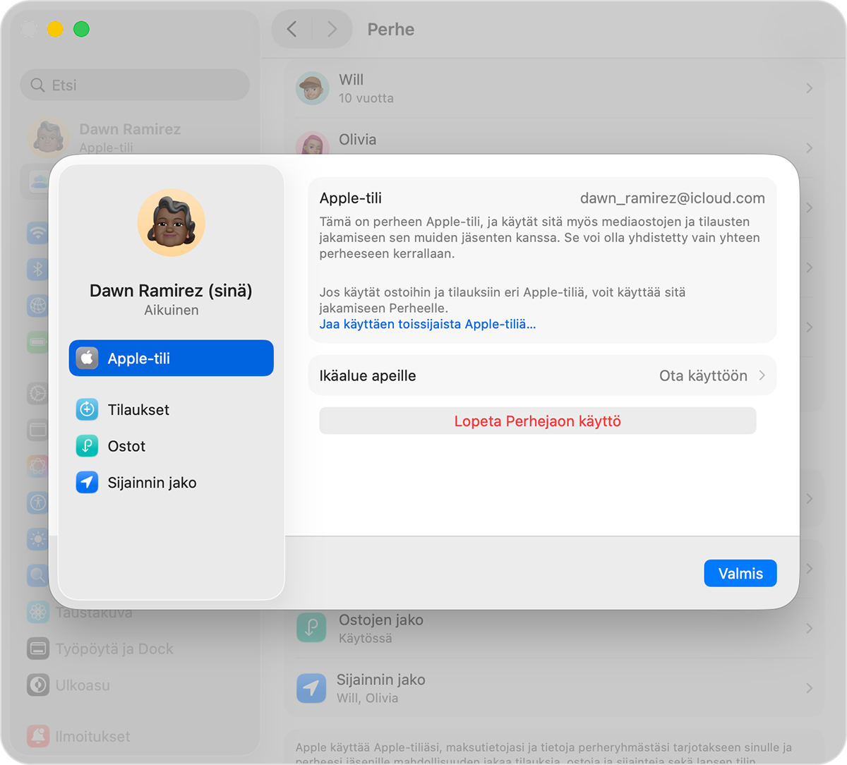 Macin näyttö, jossa näkyy vaihe, jossa Perhejaon käyttö lopetetaan.