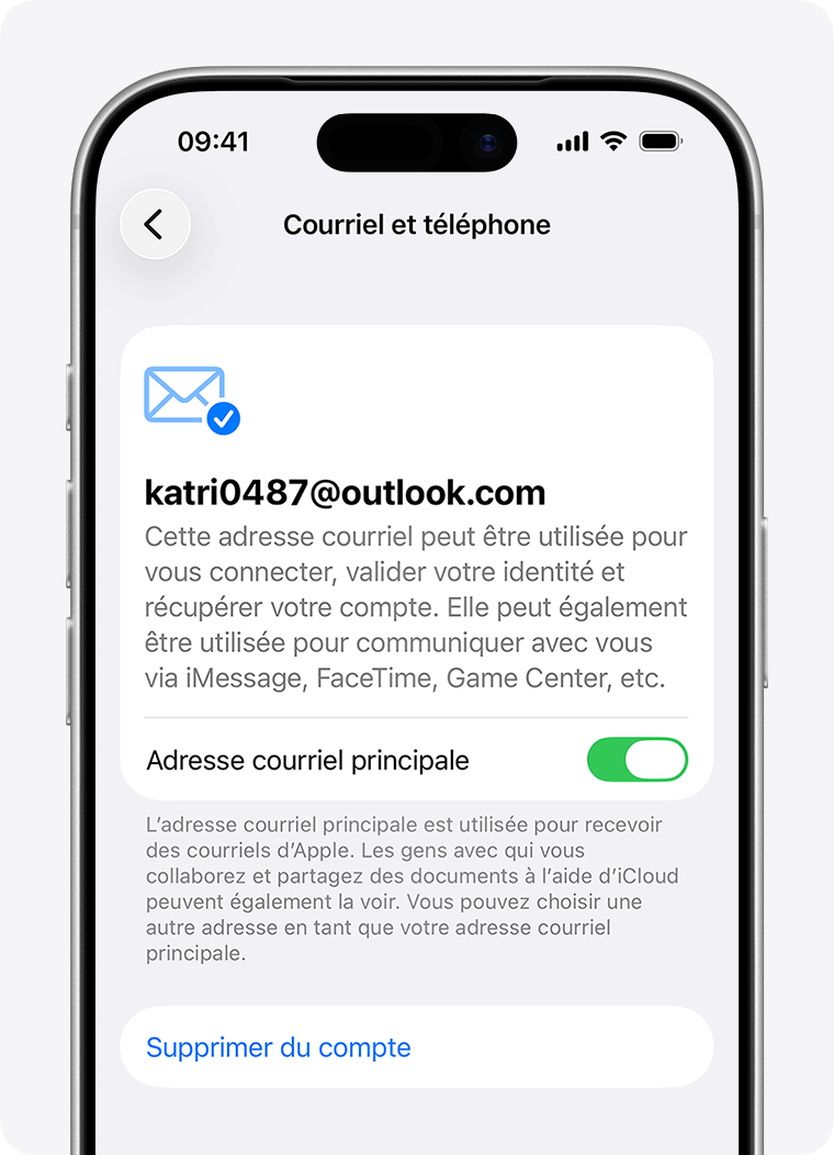 iPhone affichant les réglages du compte Apple et les options de mise à jour ou de suppression d’une adresse courriel principale