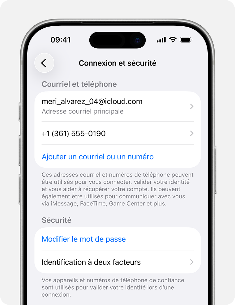 Dans les réglages du compte Apple, trouvez les adresses courriel et les numéros de téléphone que vous pouvez utiliser pour vous connecter à votre compte Apple