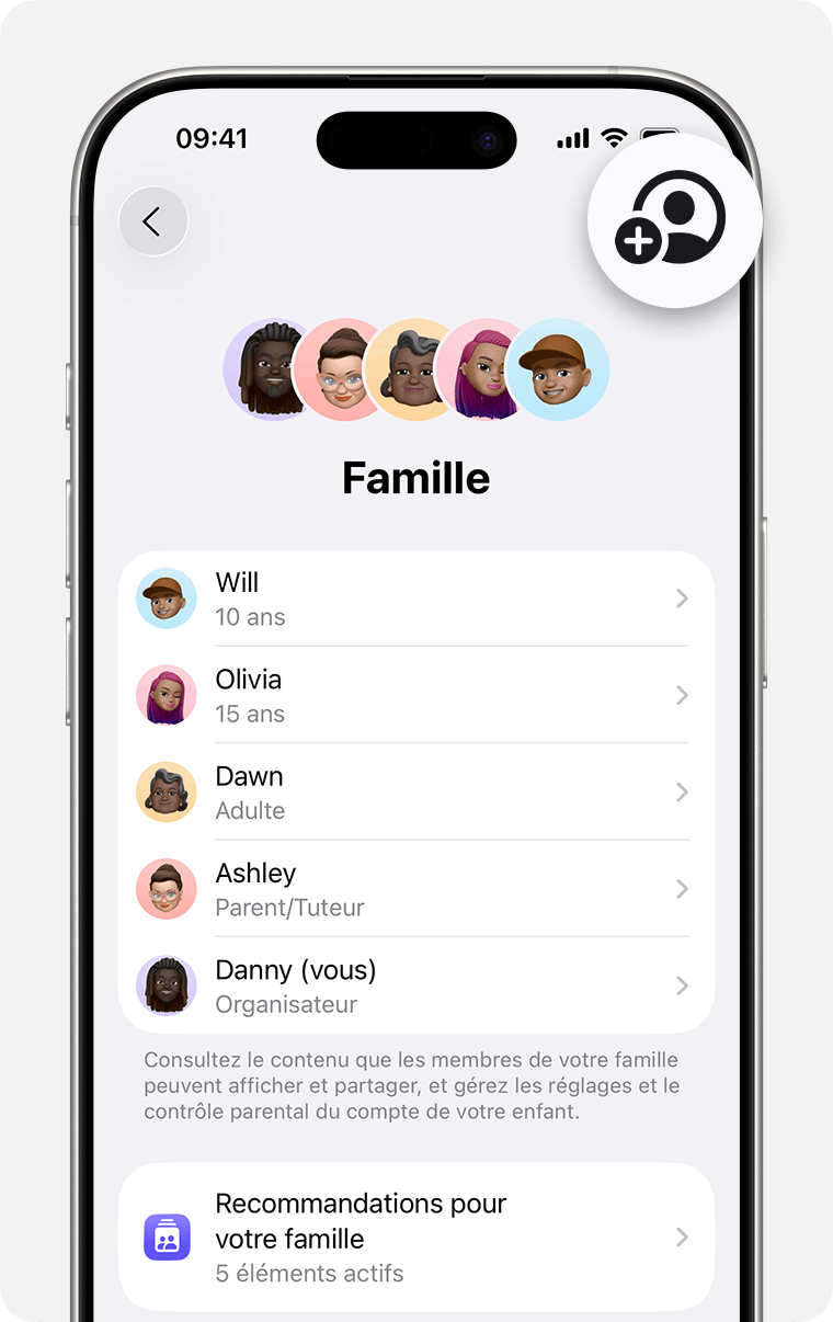 Réglages de l’iPhone affichant les réglages Famille, avec le bouton Ajouter un membre mis en évidence