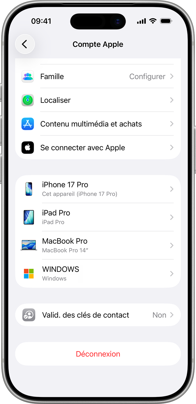 Réglages de l’iPhone affichant une liste d’appareils