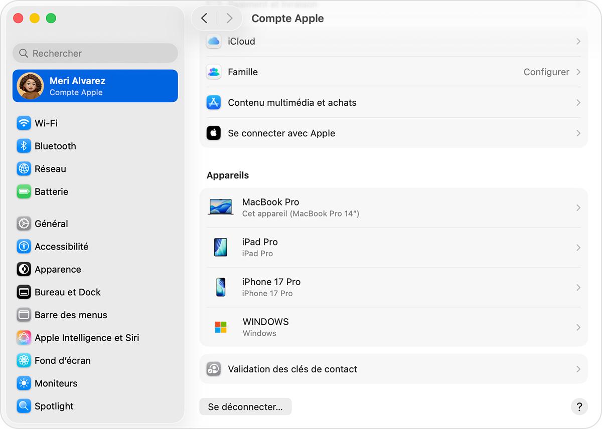 Réglages du Mac affichant une liste d’appareils