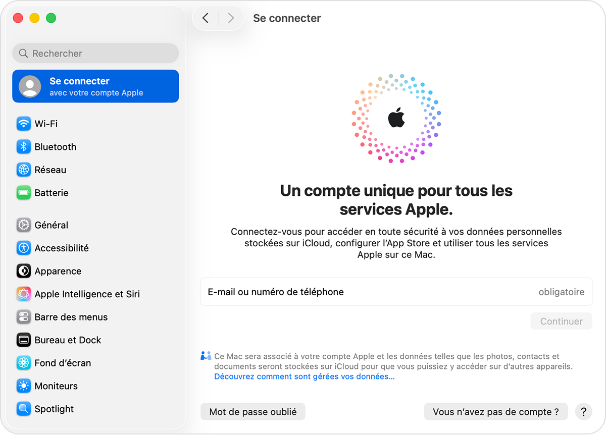 Écran du Mac montrant le bouton pour Vous n’avez pas de compte ?