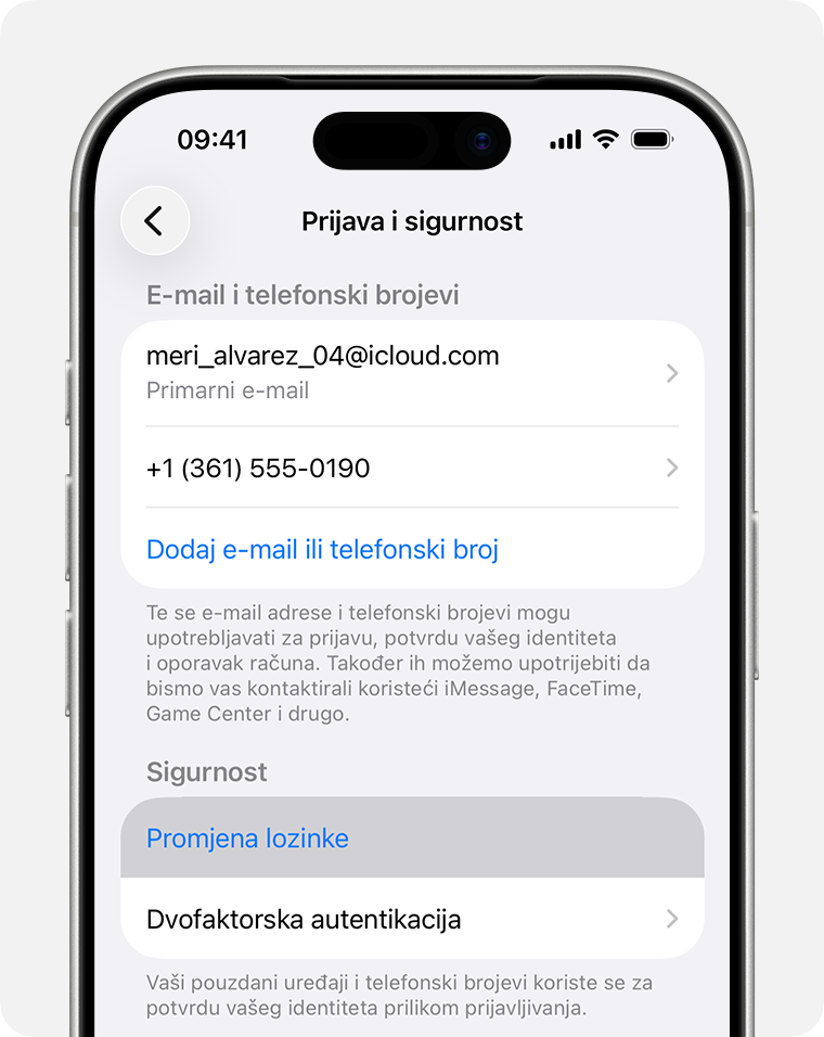 Zaslon iPhonea na kojem je prikazan gumb „Promijeni lozinku” u postavkama