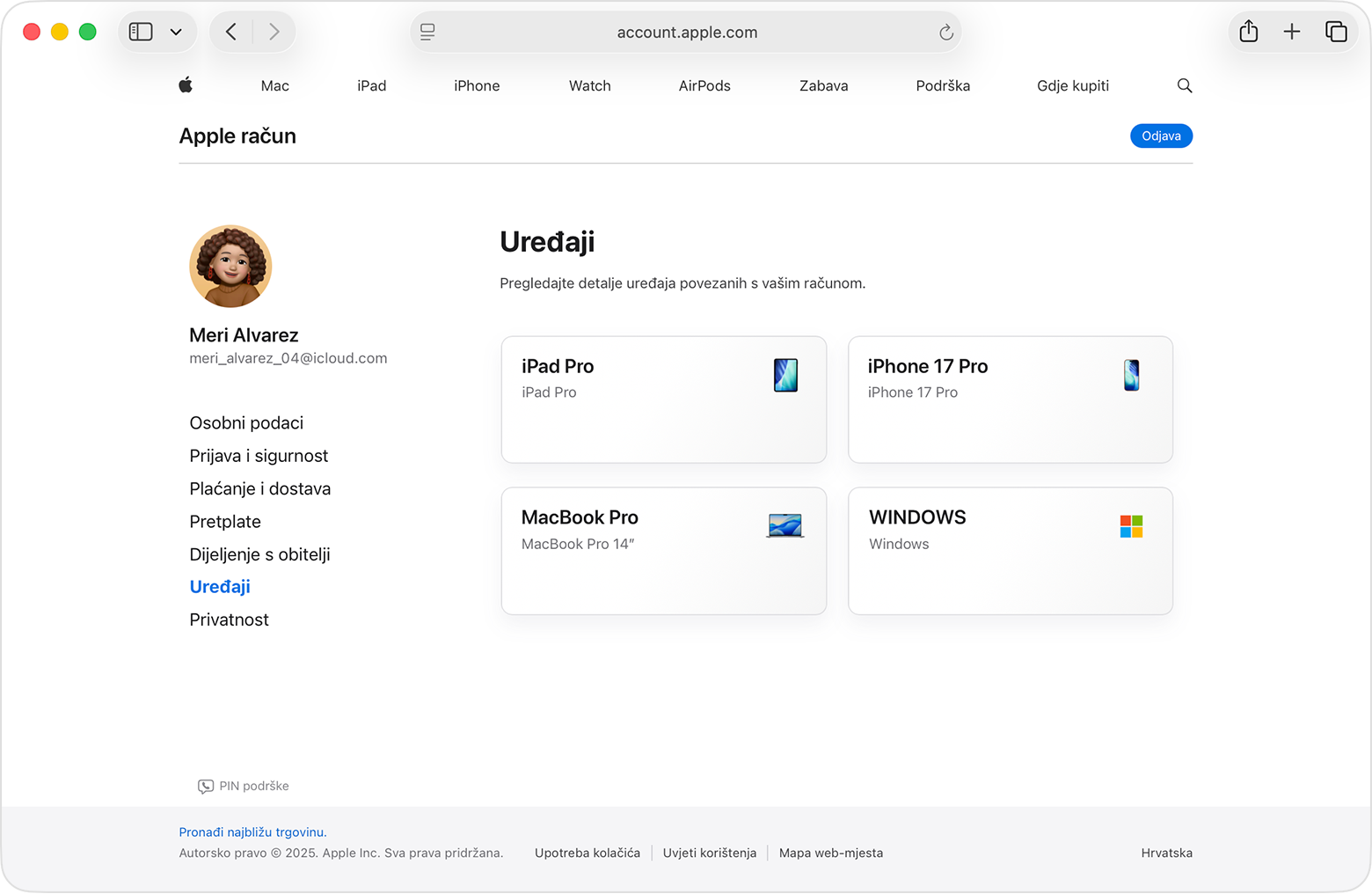 Web-mjesto Apple računa na kojem se prikazuju svi uređaji povezani s nekim računom