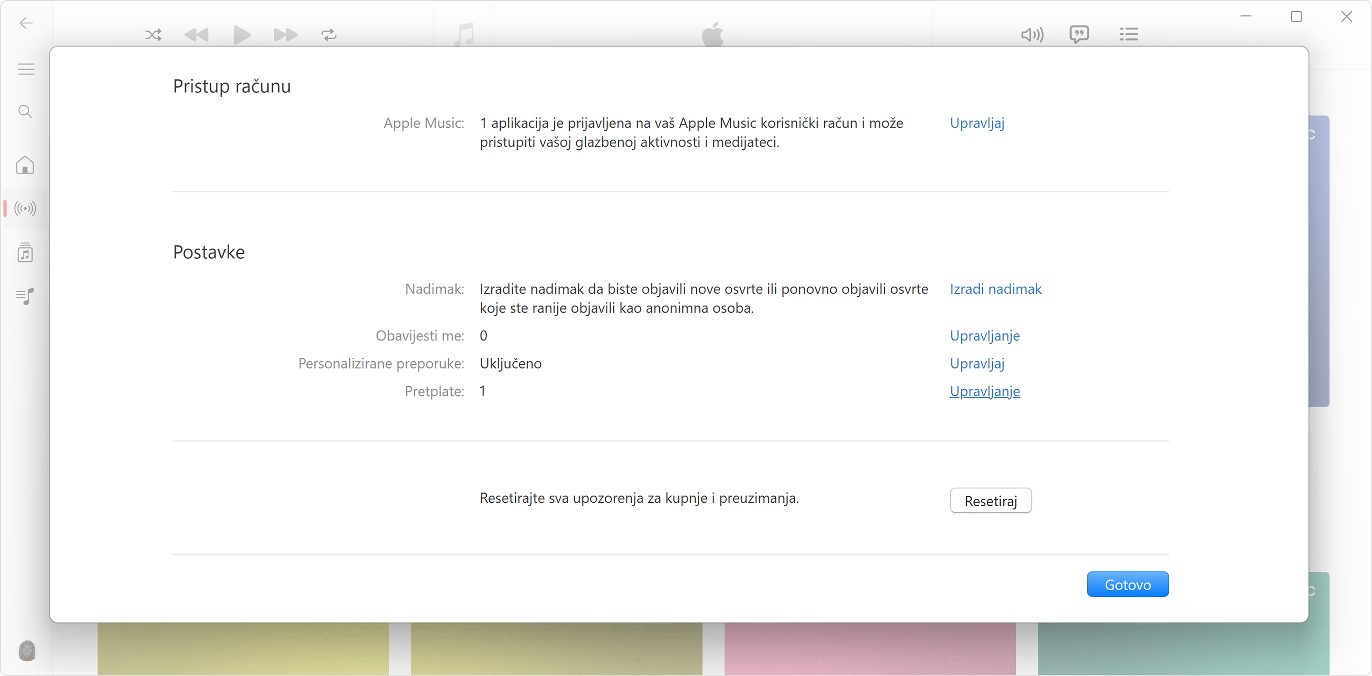 Postavke Apple računa u aplikaciji Apple Music za Windows.