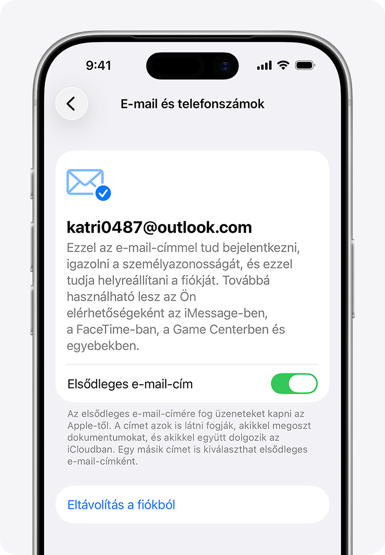 Egy iPhone, amelyen az Apple-fiók beállításai, valamint az elsődleges e-mail-cím frissítésének vagy eltávolításának lehetőségei láthatók