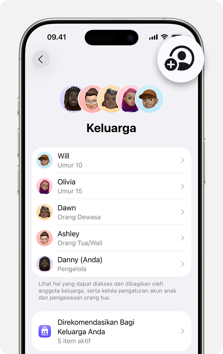 Layar iPhone yang menampilkan tombol Tambah Anggota di sudut kanan atas.
