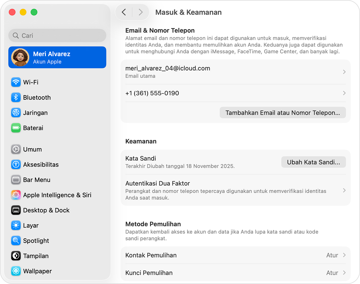 Mac menampilkan pengaturan masuk dan keamanan