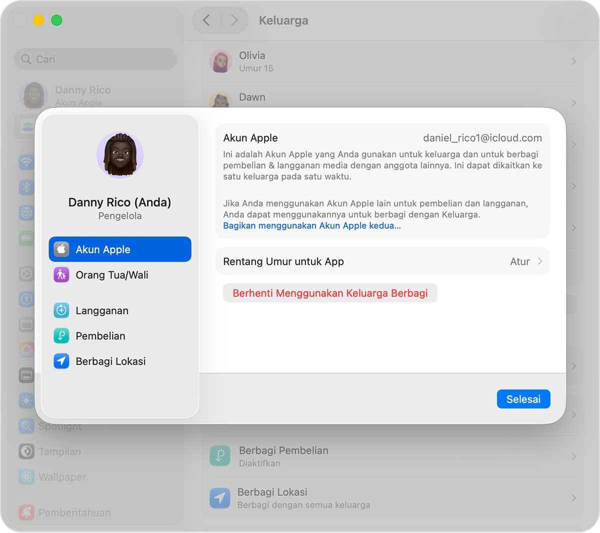 Layar Mac menampilkan langkah untuk membubarkan grup Keluarga Berbagi.