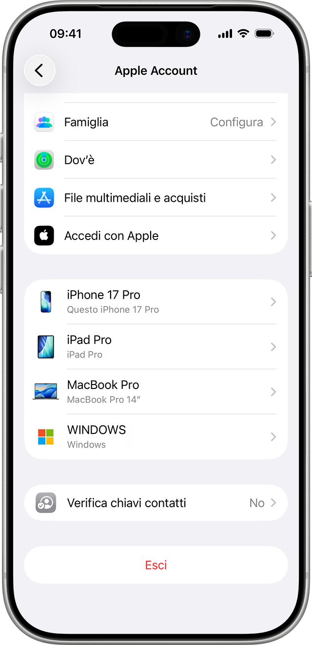 Impostazioni su iPhone che mostra un elenco di dispositivi