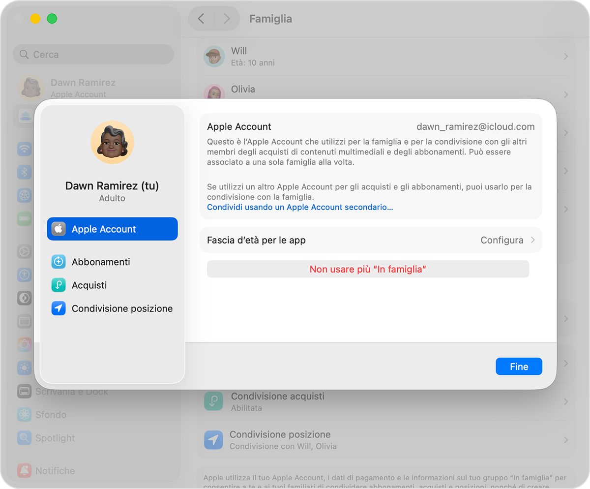 Schermata del Mac che mostra il passaggio per non usare più “In famiglia”.