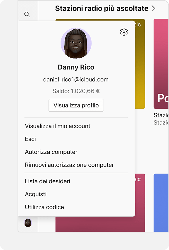 Il menu Account in Apple Music per Windows con il saldo dell'account visualizzato.