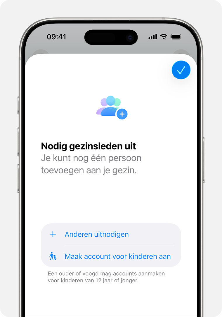 iPhone met een uitnodiging voor 'Delen met gezin', inclusief de optie om een account voor kinderen aan te maken