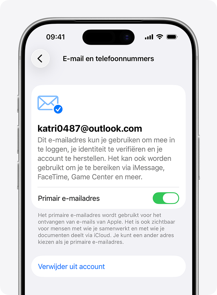 iPhone met Apple Account-instellingen en opties voor het bijwerken of verwijderen van een primair e-mailadres