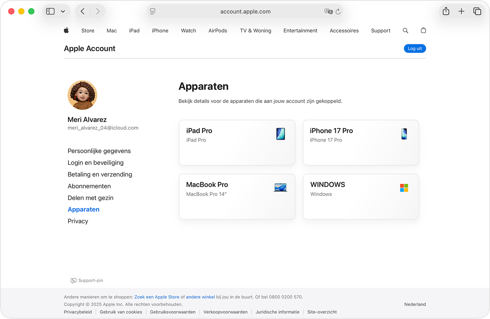 Apple Account-website met apparaten die zijn gekoppeld aan een account