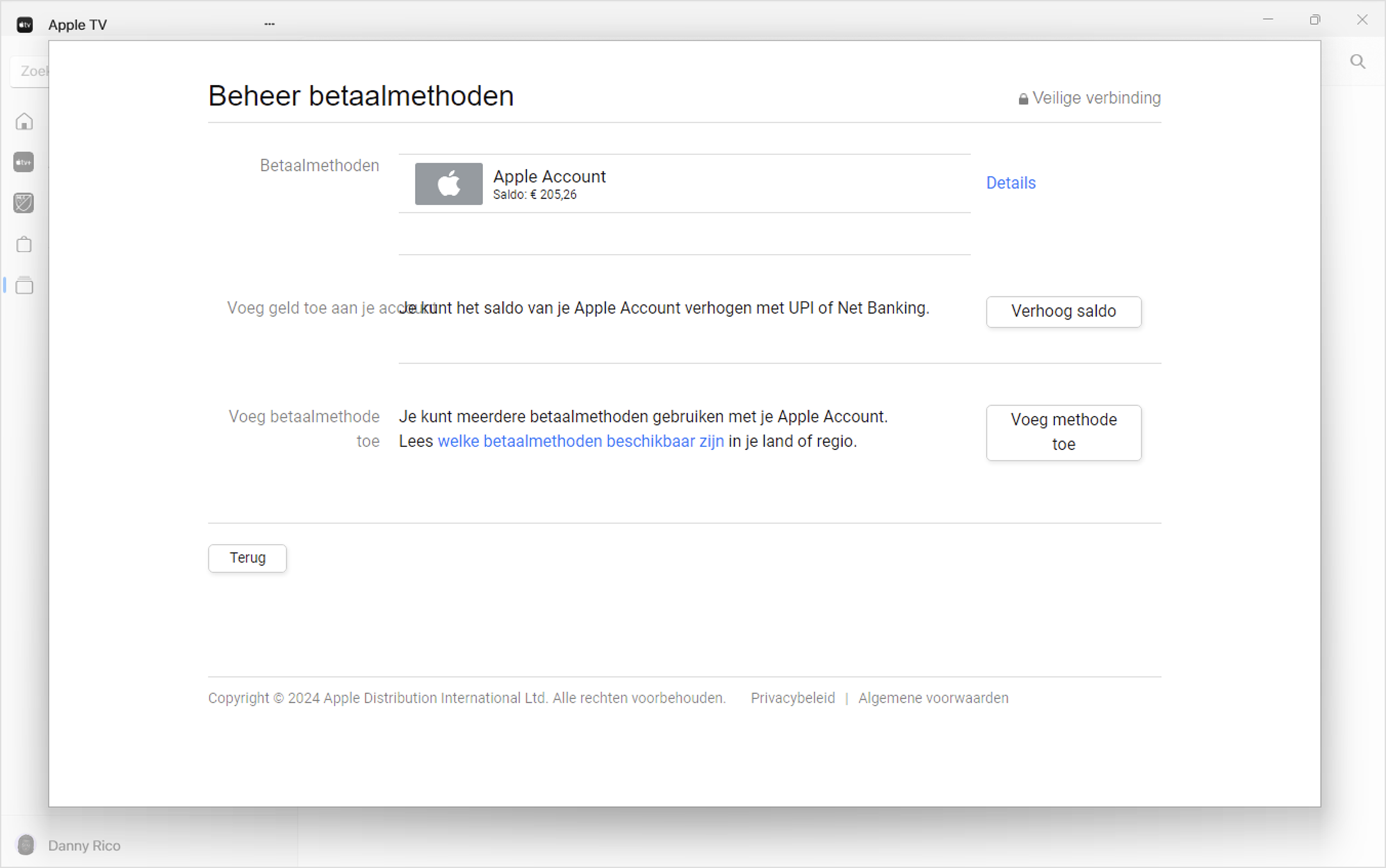 Een Windows-scherm met de instellingen voor 'Beheer betaalmethoden' in de Apple Music-app. Om een betaalmethode toe te voegen klik je op 'Voeg betaalmethode toe'.