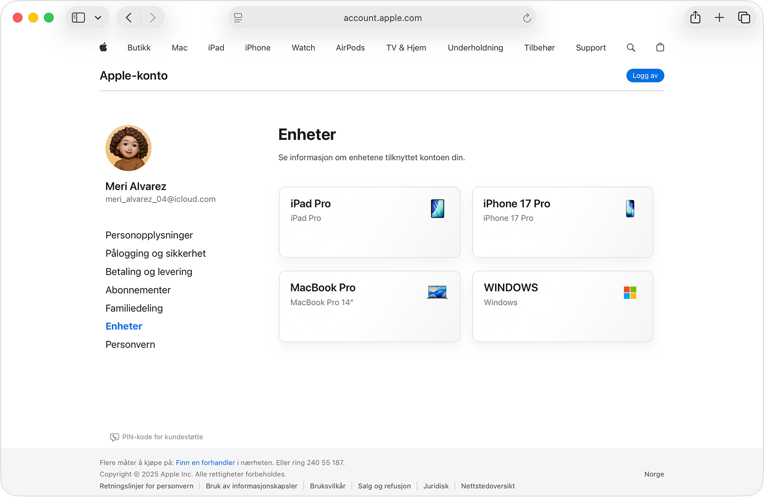 Apple-kontonettstedet som viser enheter knyttet til en konto