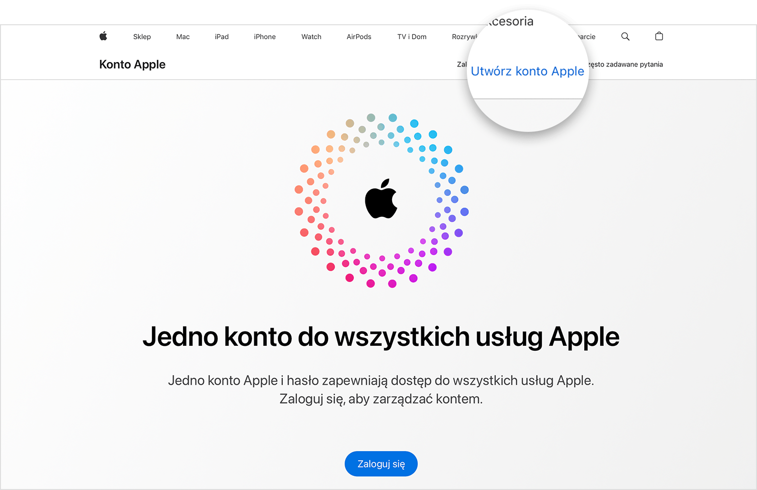 Ekran przeglądarki pokazujący łącze do opcji Utwórz konto Apple